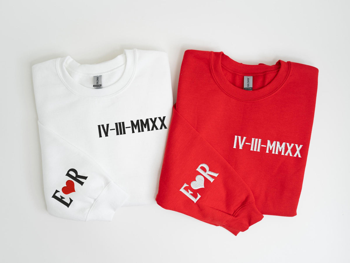 Roman Numeral Embroidered Sweatshirt, Custom Anniversary Date Embroidery Sweater, Personalized Mr Mrs Hoodie, Wife And Husband Sweat