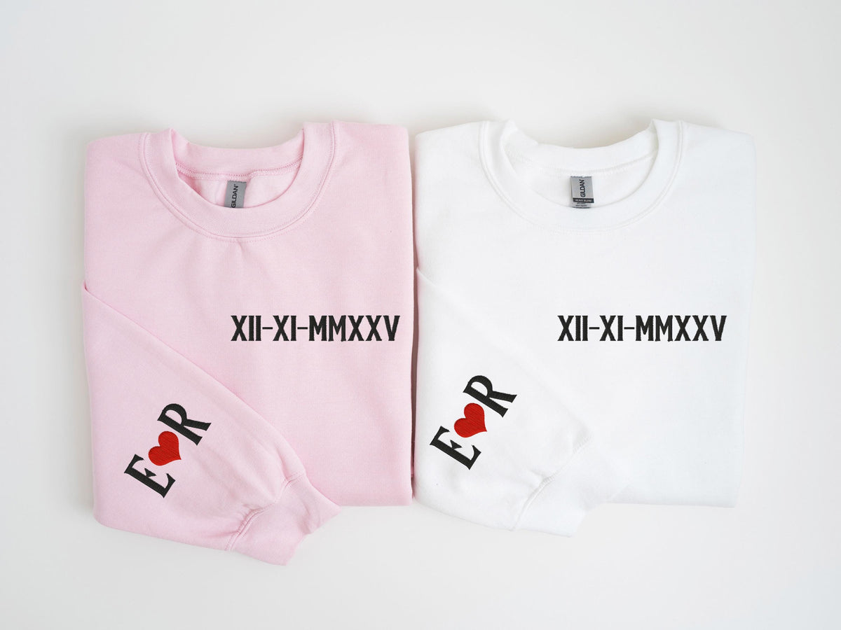 Roman Numeral Embroidered Sweatshirt, Custom Anniversary Date Embroidery Sweater, Personalized Mr Mrs Hoodie, Wife And Husband Sweat