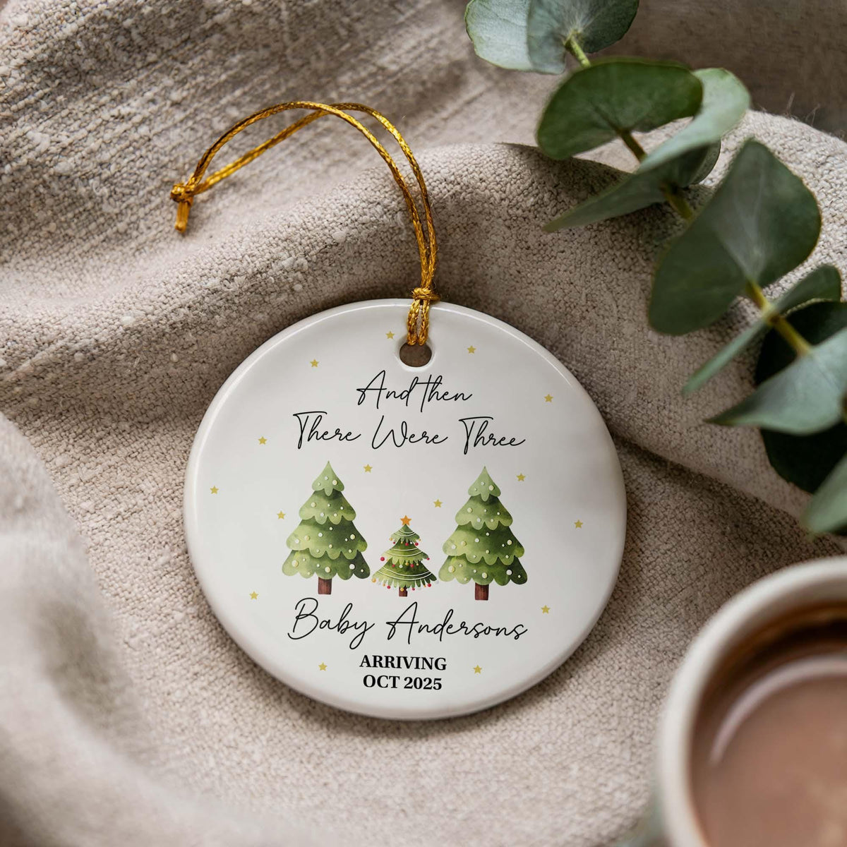 Pregnancy Reveal Ornament, And Then There Were Three, Ceramic Keepsake