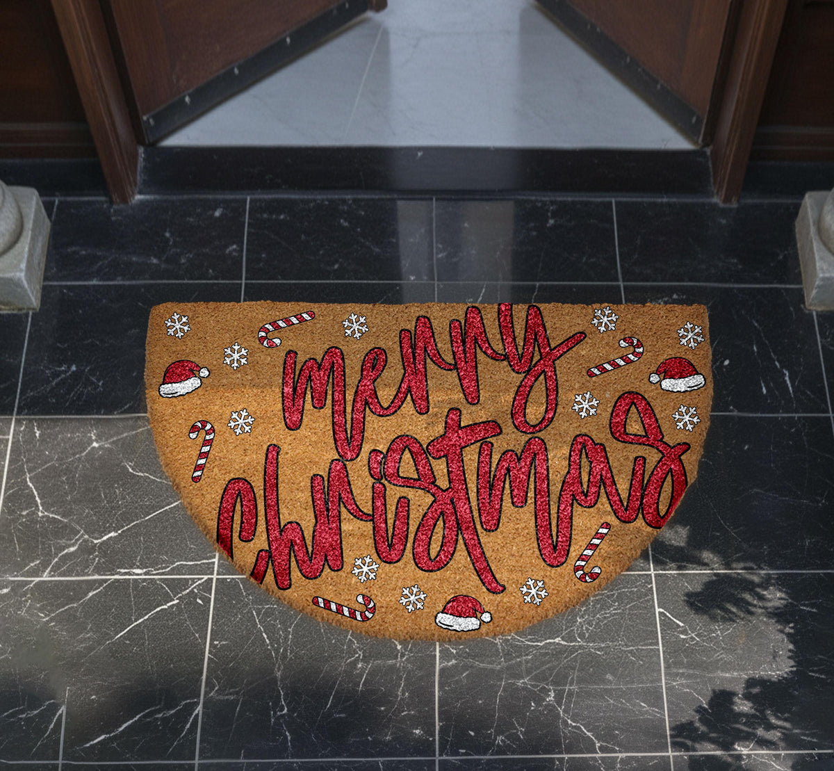 Merry Christmas Santa Vibe Doormat, Santas Hat & Candy Cane Pattern Welcome Mat
