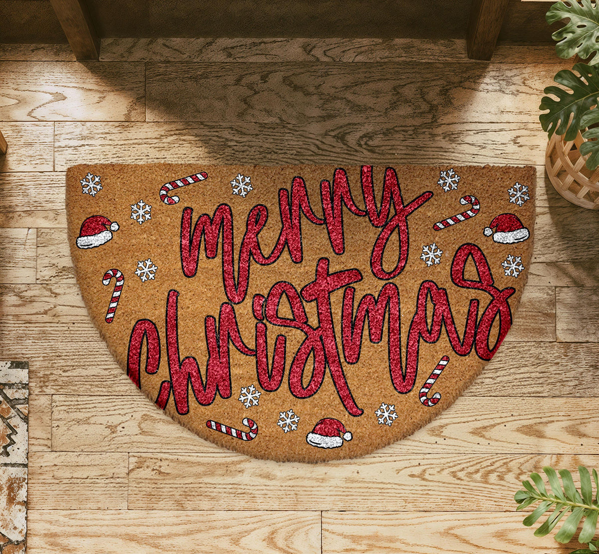 Merry Christmas Santa Vibe Doormat, Santas Hat & Candy Cane Pattern Welcome Mat