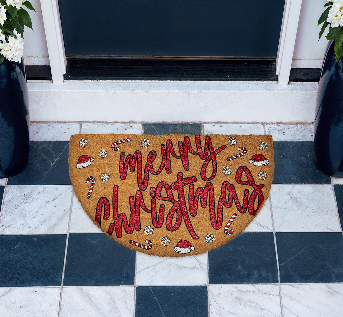 Merry Christmas Santa Vibe Doormat, Santas Hat & Candy Cane Pattern Welcome Mat