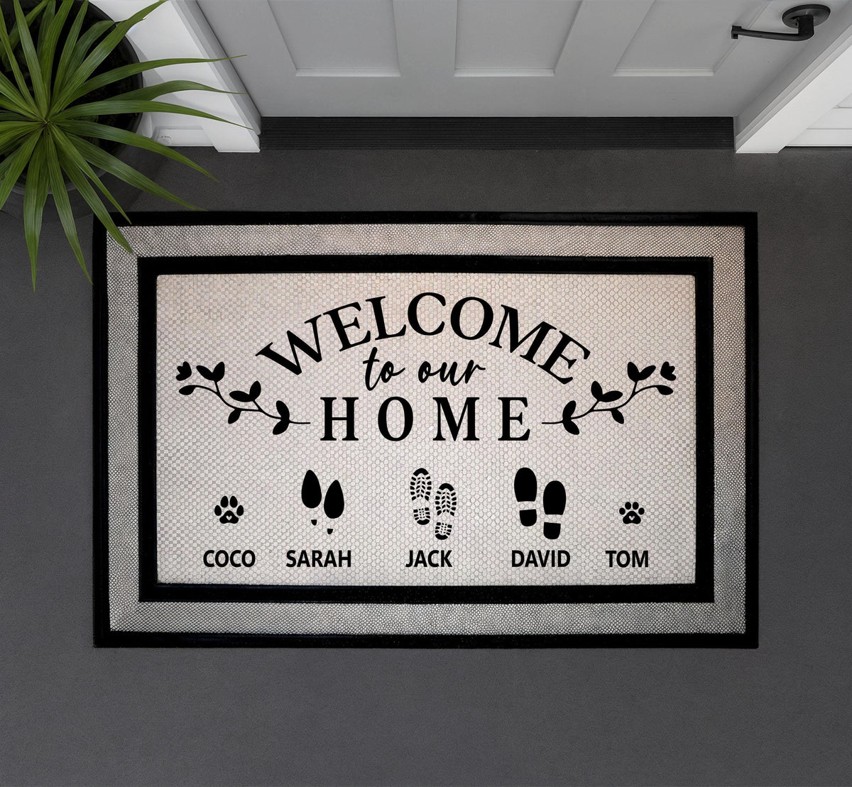 Welcome To Our Home Doormat, Personalized Family Welcome Mat, Custom Pet Family Doormat, Footprints & Pet Paws Door Mat, Indoor Outdoor Mat