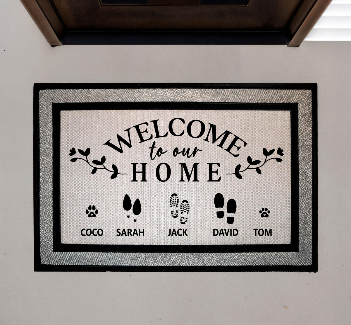 Welcome To Our Home Doormat, Personalized Family Welcome Mat, Custom Pet Family Doormat, Footprints & Pet Paws Door Mat, Indoor Outdoor Mat