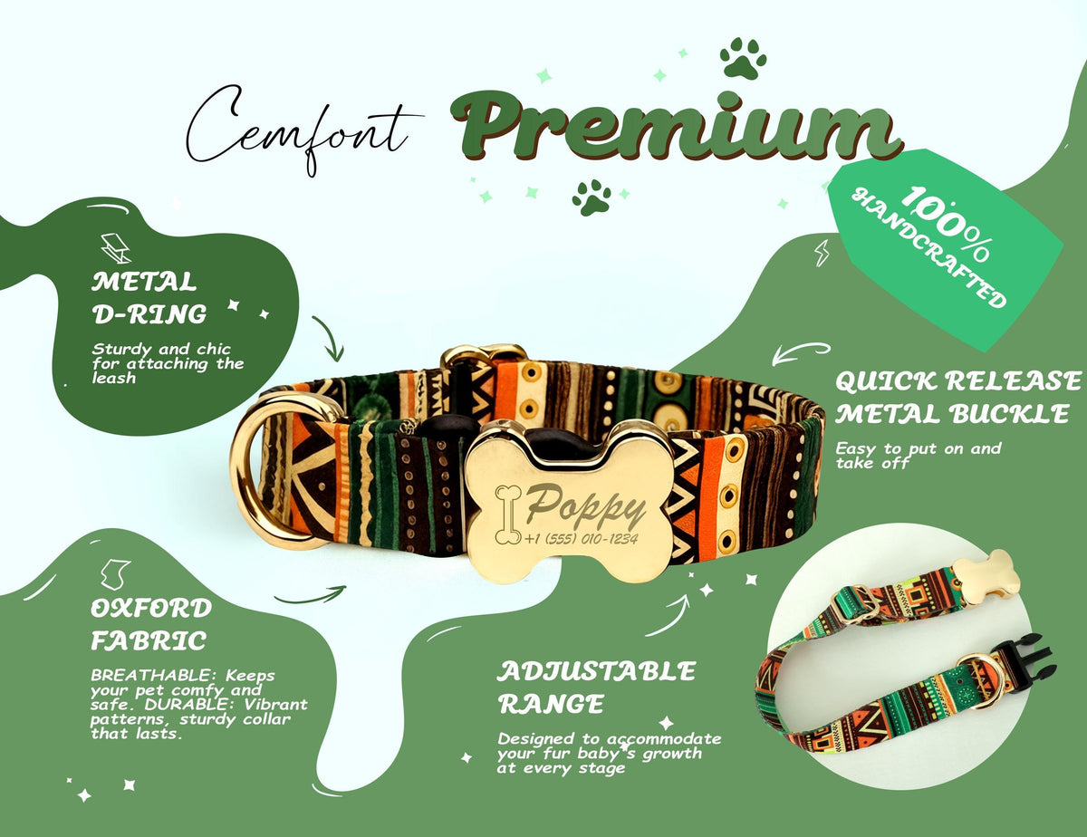 Custom Name Engraved Paisley Dog Collar, Adjustable Personalized Pet Collar