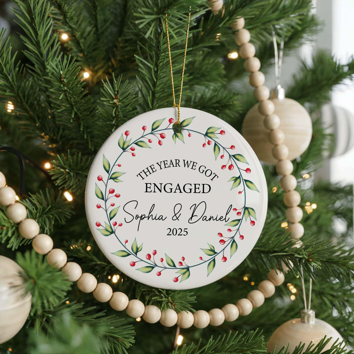 Personalized Engagement Christmas Ornament, Custom Ceramic Keepsake