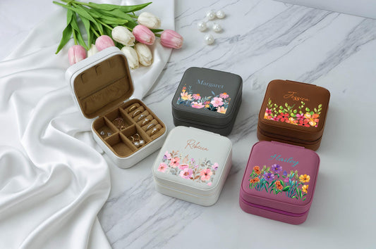 Custom Name Floral Jewelry Box, Nature Lover Travel Accessory Box