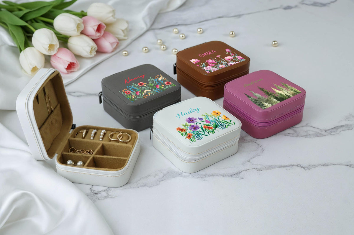 Custom Name Floral Jewelry Box, Nature Lover Travel Accessory Box