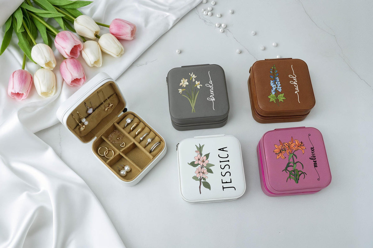 Personalized Birth Month Flower Jewelry Box, Custom Name Floral Jewelry Organizer