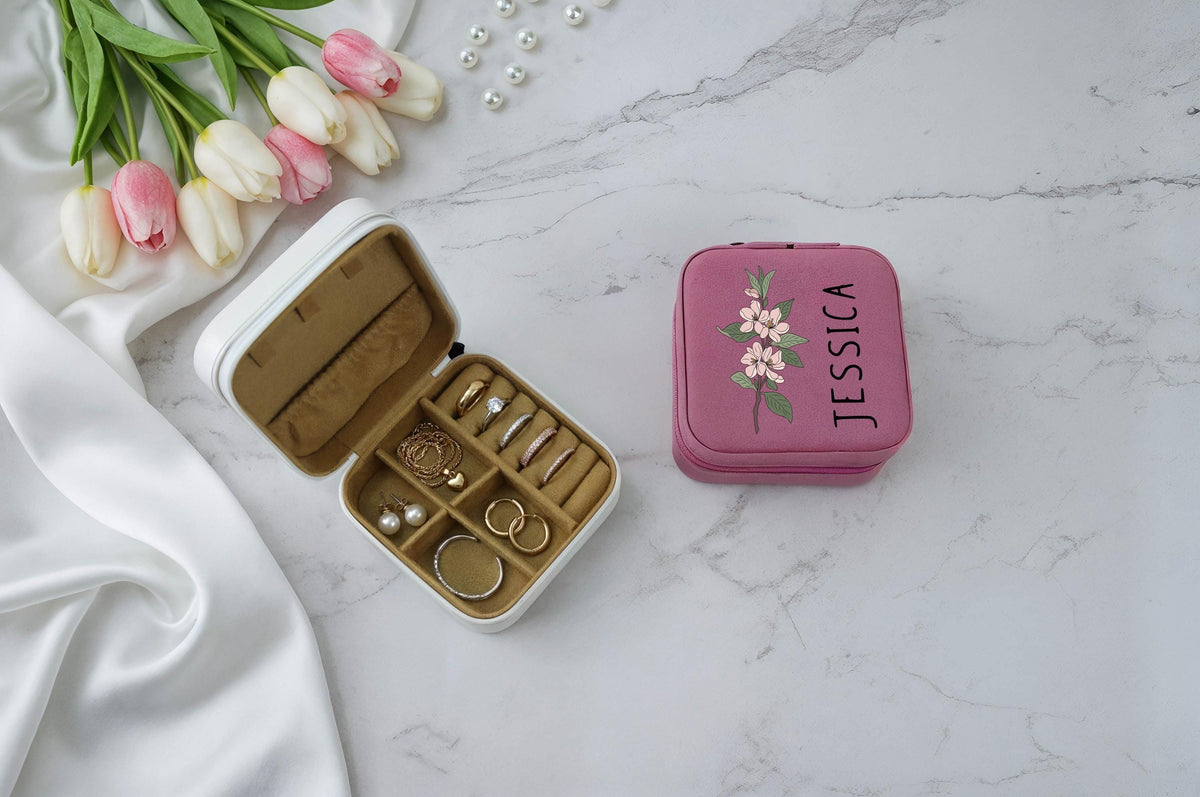 Personalized Birth Month Flower Jewelry Box, Custom Name Floral Jewelry Organizer