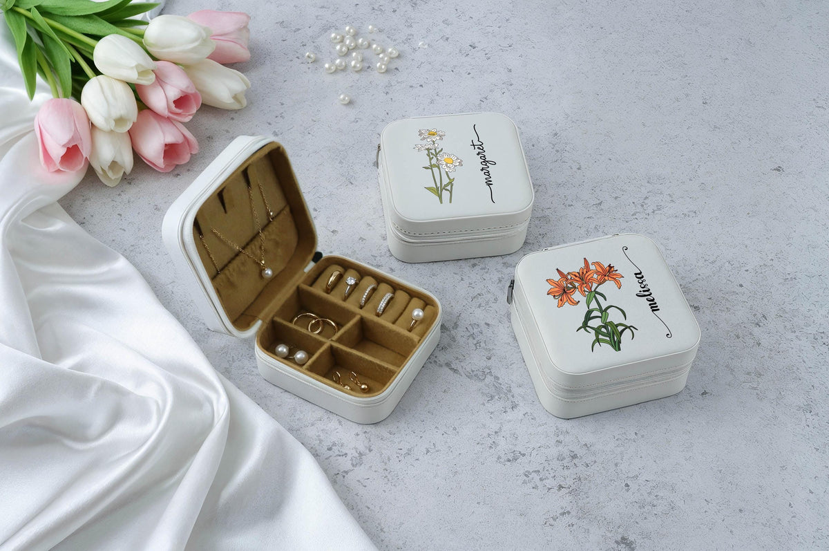 Personalized Birth Month Flower Jewelry Box, Custom Name Floral Jewelry Organizer