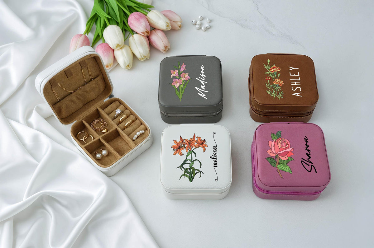 Personalized Birth Month Flower Jewelry Box, Custom Name Floral Jewelry Organizer