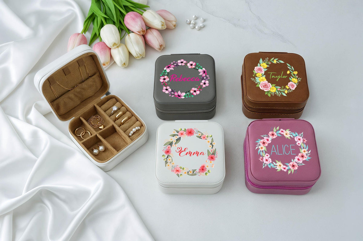 Personalized Floral Wreath Design Jewelry Box, Matching Bridesmaids Accessory Box