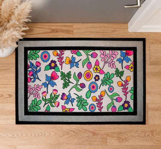 Vibrant Floral Doormat, Colorful Bohemian Flower Welcome Mat, Botanical Garden Entrance Decor