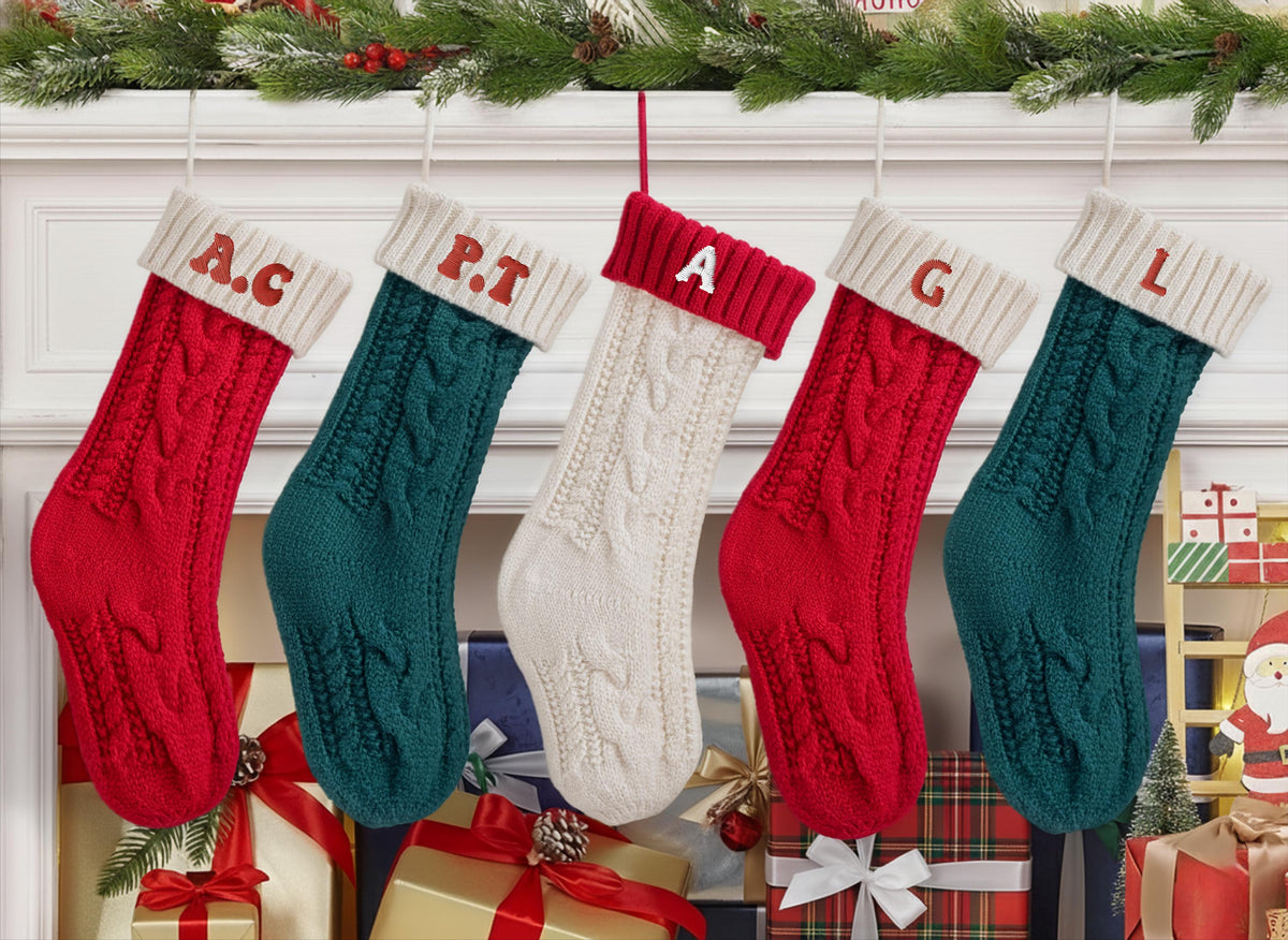 Initials Embroidered 2025 Christmas Stockings, Personalized Knitted Family Stocking