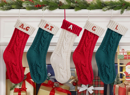 Initials Embroidered 2025 Christmas Stockings, Personalized Knitted Family Stocking