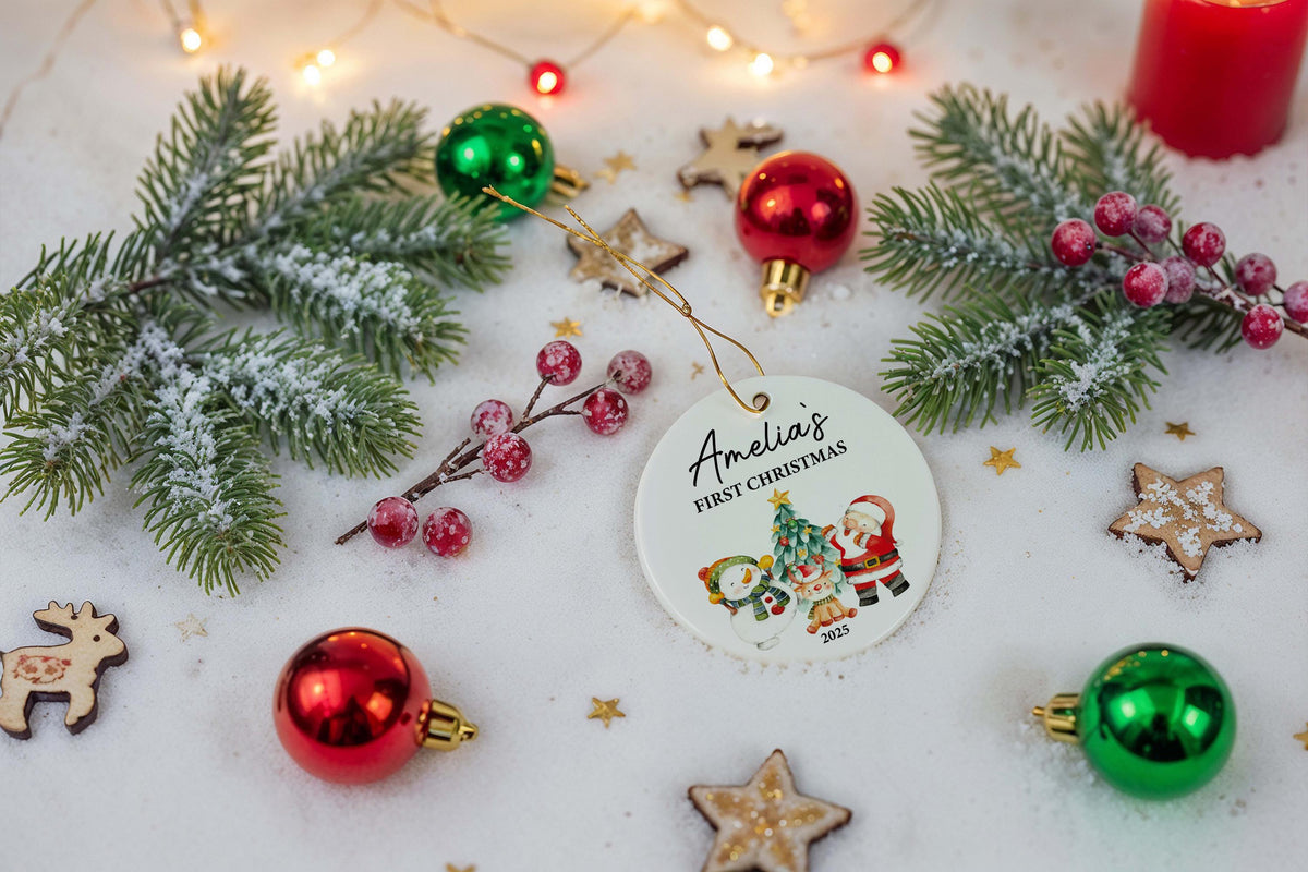 Custom Name First Christmas Ceramic Ornament, Personalized Baby's 1st Xmas Keepsake