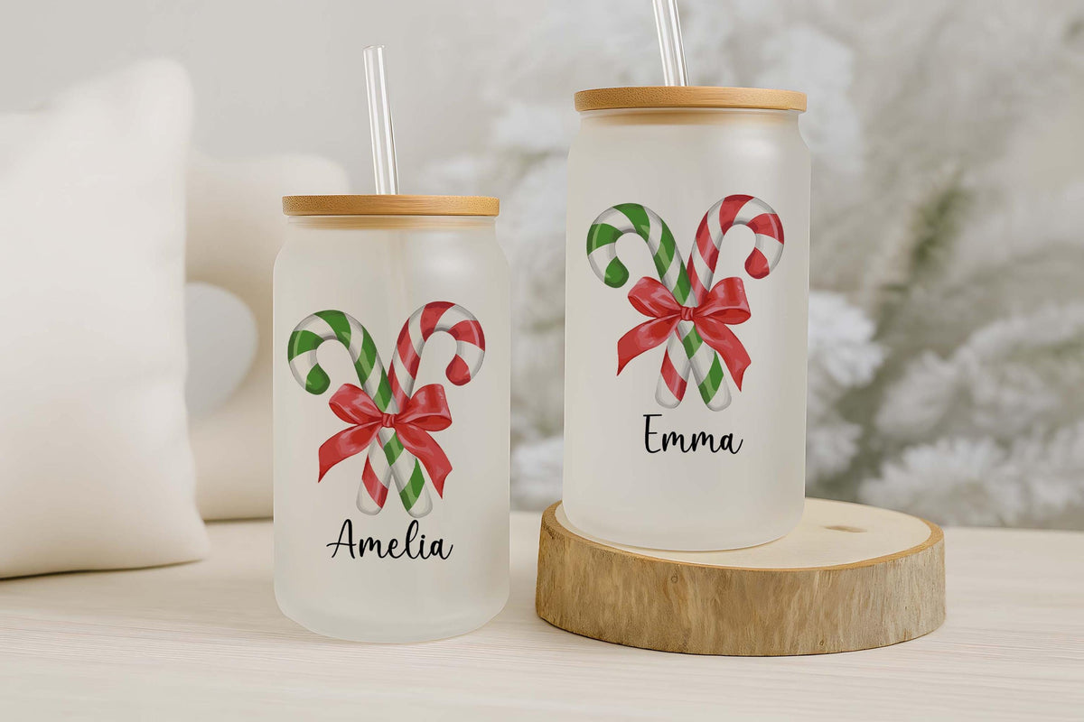Custom Name Candy Cane Design Can Glass Tumbler, Christmas Party Iced Coffee Cup