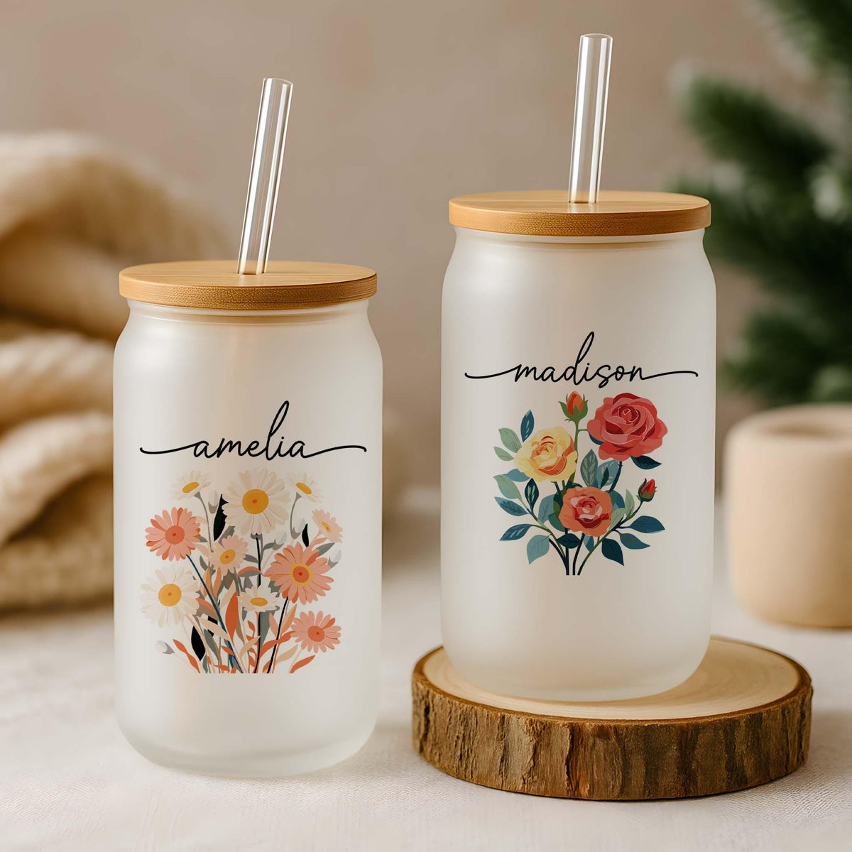 Personalized Colorful Birth Flower Cup, Water Color Floral Design Can Glass Tumbler