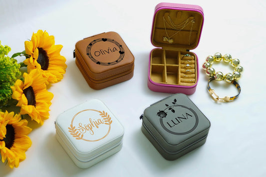 Custom Name Engraved Jewelry Case, Floral Wreath Vegan Leather Jewelry Organizer