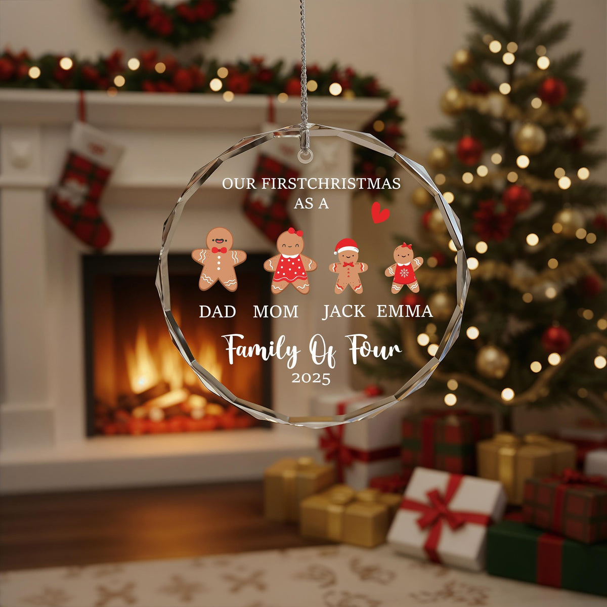 Custom Gingerbread Family Crystal Glass Christmas Ornament, Family Keepsake Gift