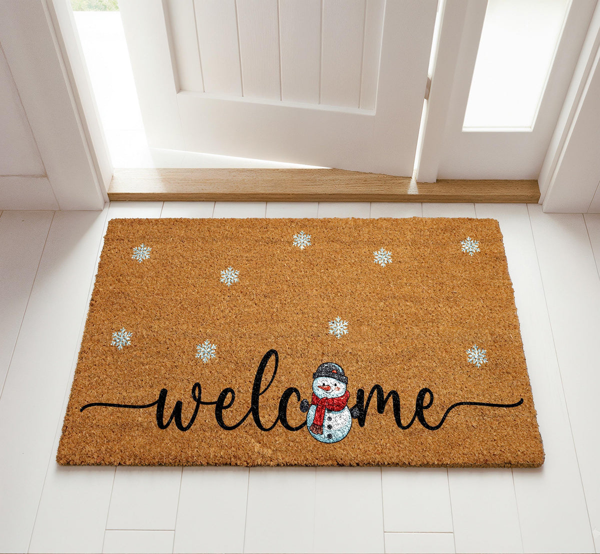 Snowmen Welcome Mat, Christmas Doormat With Snowflakes, Holiday Season Home Entrance Decor