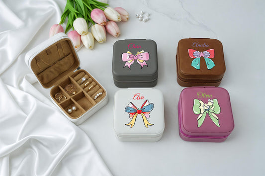 Custom Name Coquette Design Jewelry Box, Leatherette Bacheloratte Party Favor