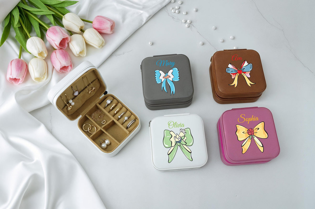 Custom Name Coquette Design Jewelry Box, Leatherette Bacheloratte Party Favor