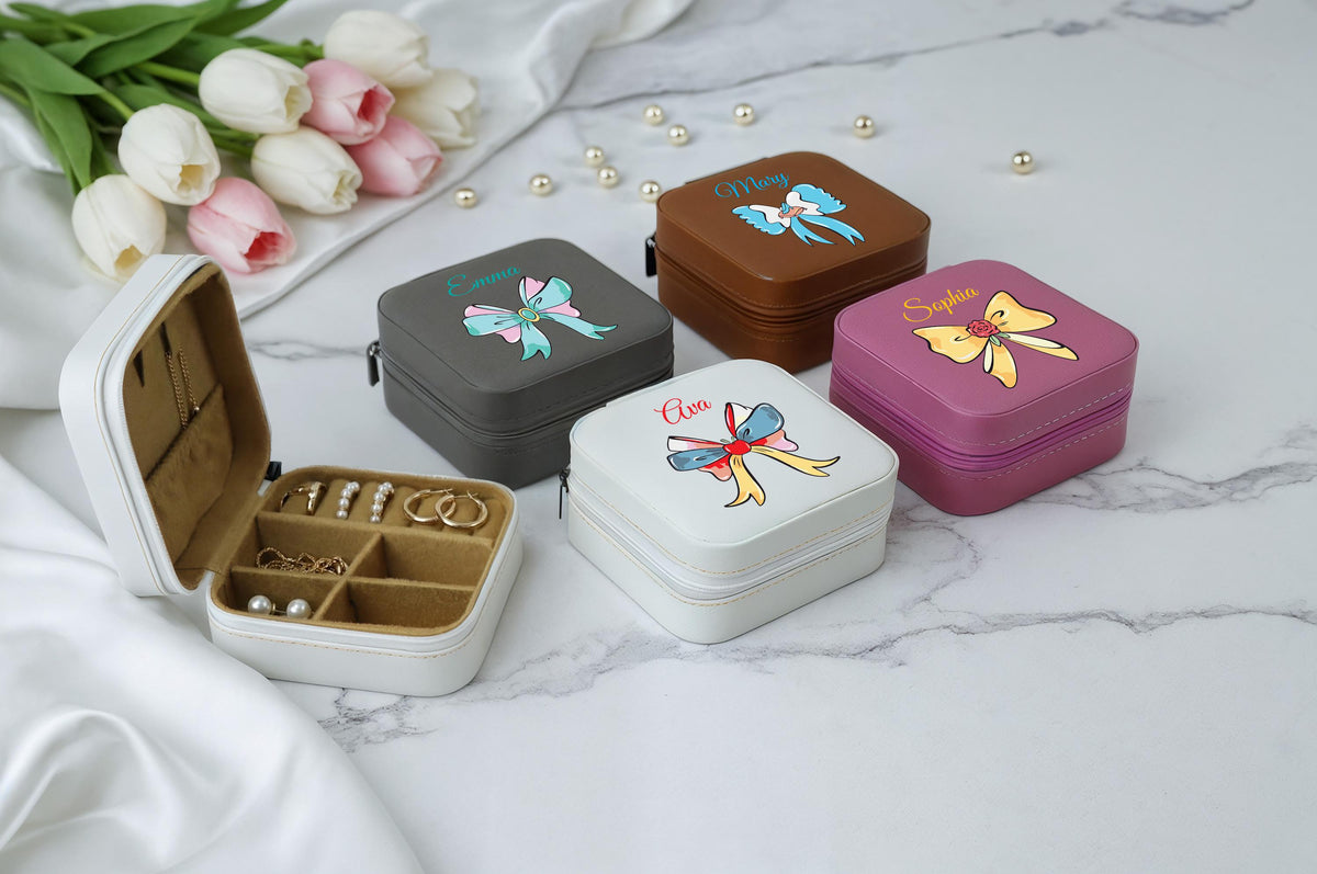 Custom Name Coquette Design Jewelry Box, Leatherette Bacheloratte Party Favor