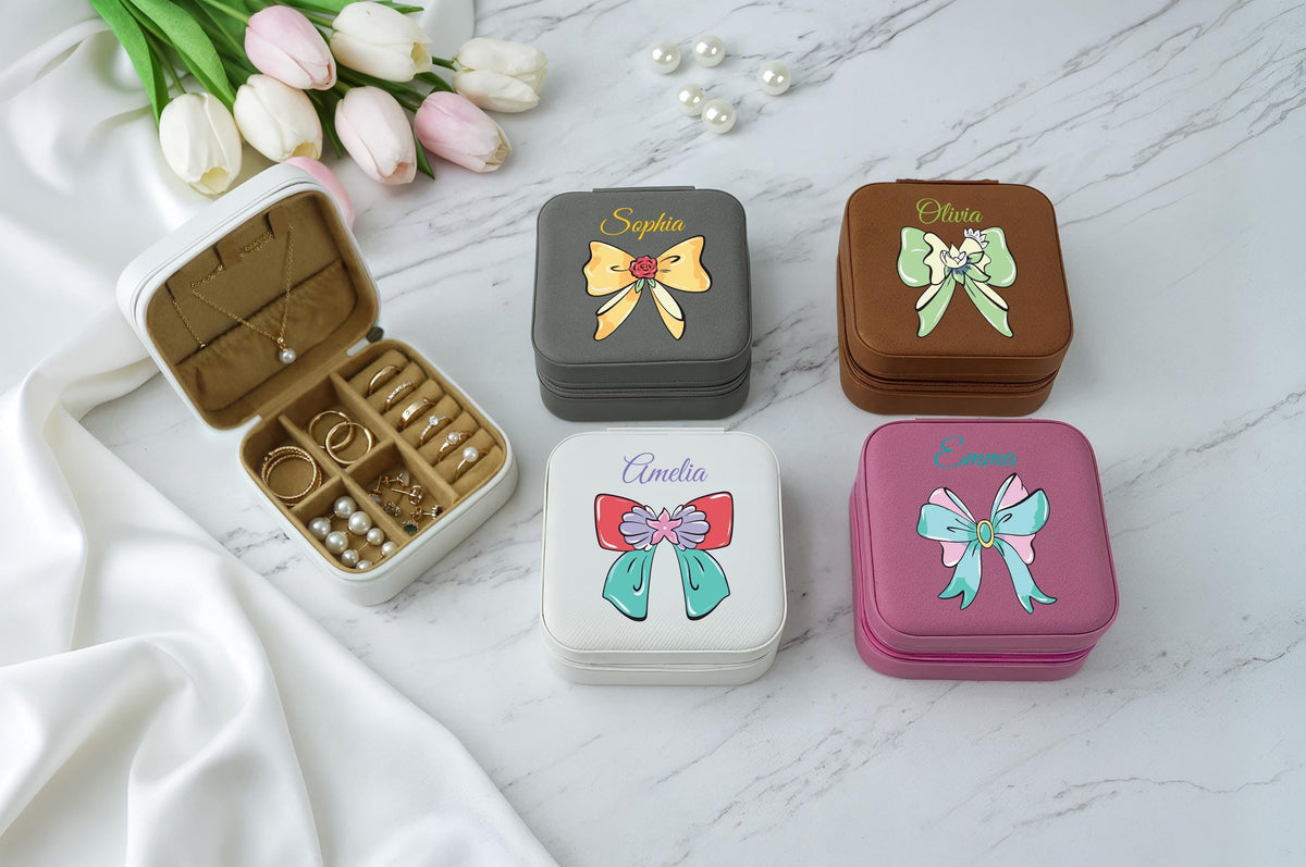 Custom Name Coquette Design Jewelry Box, Leatherette Bacheloratte Party Favor