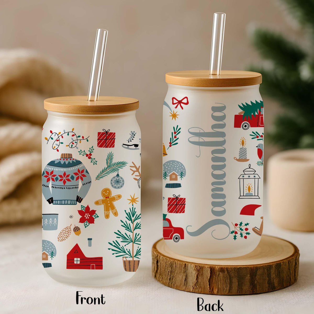 Custom Name Holiday Iced Coffee Cup, Design Optional Christmas Glass Tumbler