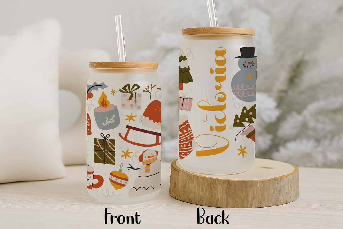 Custom Name Holiday Iced Coffee Cup, Design Optional Christmas Glass Tumbler