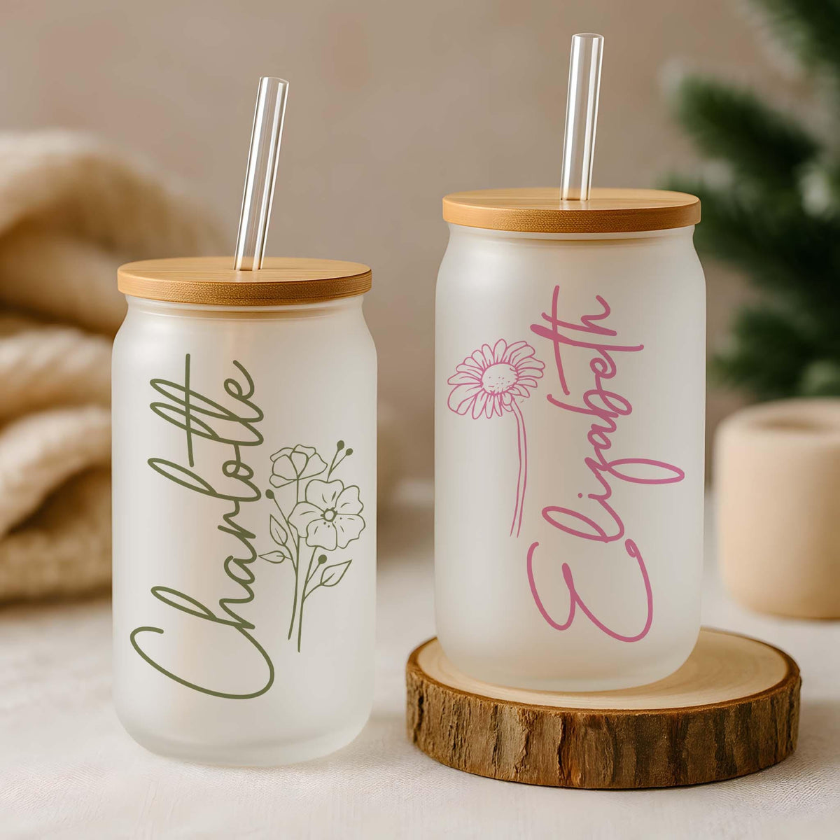 Customizable Birth Flower Design Can Glass Tumbler, Colorful Floral Iced Coffee Cup