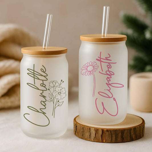 Customizable Birth Flower Design Can Glass Tumbler, Colorful Floral Iced Coffee Cup