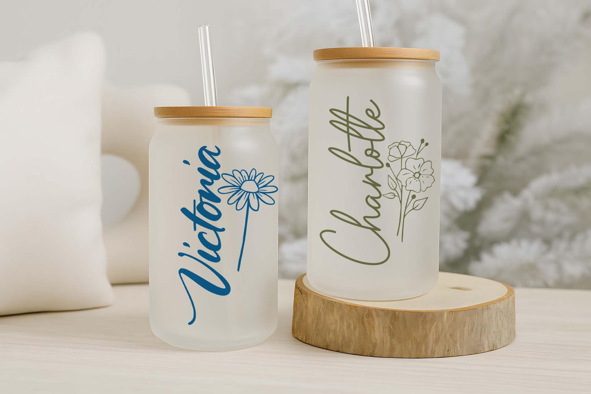Customizable Birth Flower Design Can Glass Tumbler, Colorful Floral Iced Coffee Cup