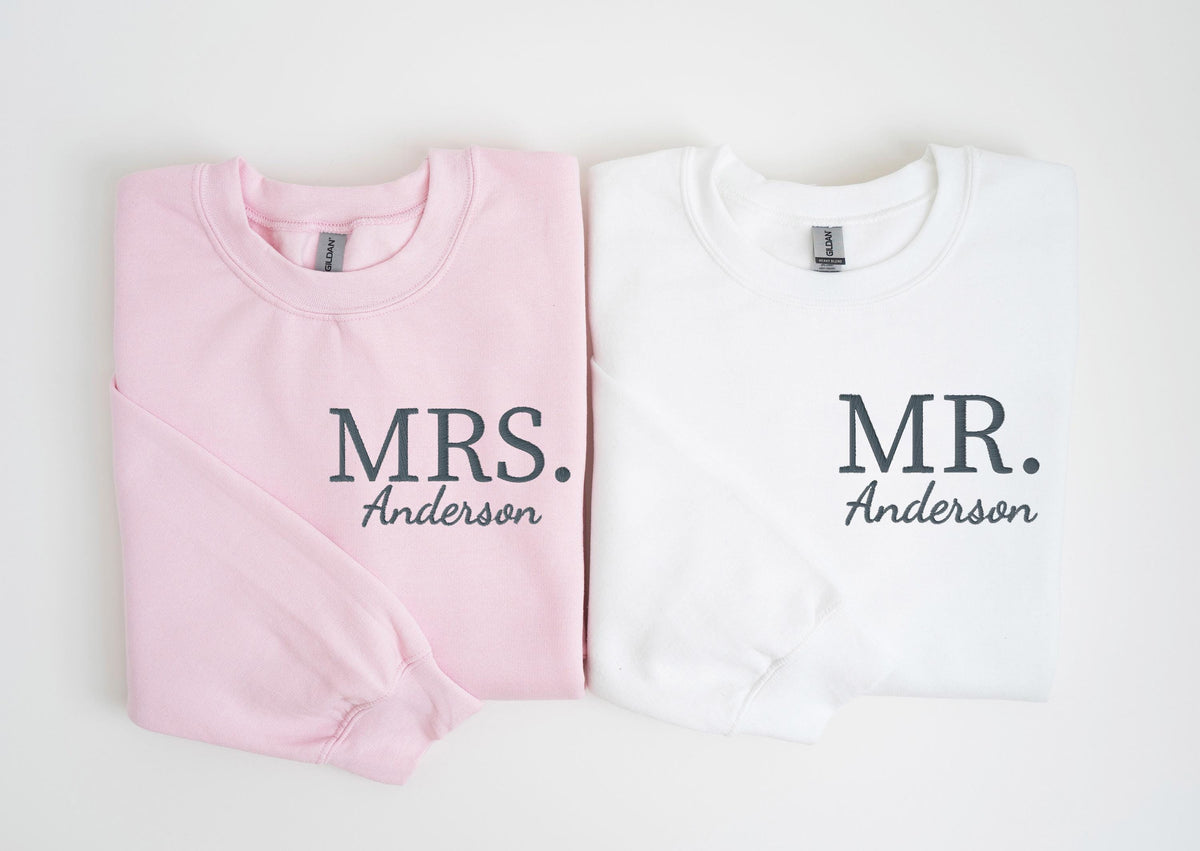 Mr & Mrs Embroidered Sweatshirt, Custom Honeymoon Embroidery Hoodie, Husband And Wife Sweater