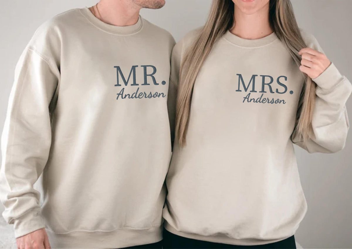 Mr & Mrs Embroidered Sweatshirt, Custom Honeymoon Embroidery Hoodie, Husband And Wife Sweater