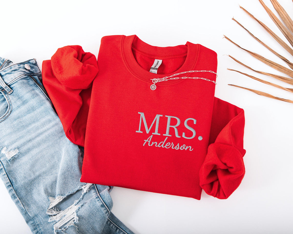 Mr & Mrs Embroidered Sweatshirt, Custom Honeymoon Embroidery Hoodie, Husband And Wife Sweater
