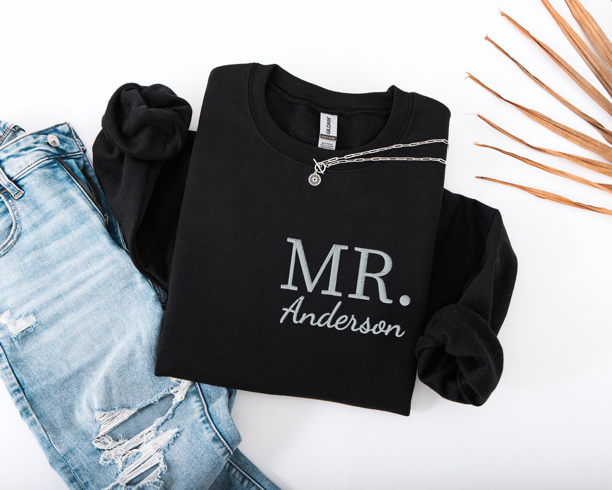 Mr & Mrs Embroidered Sweatshirt, Custom Honeymoon Embroidery Hoodie, Husband And Wife Sweater