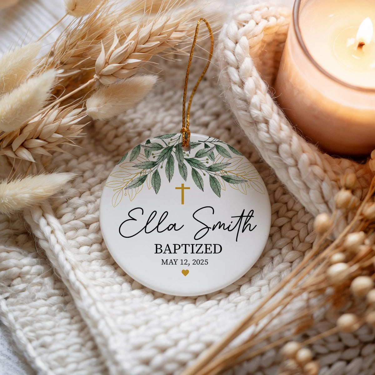 Custom Name & Date Baptized Ornament, Floral Baptism Ceremony Ceramic Ornament