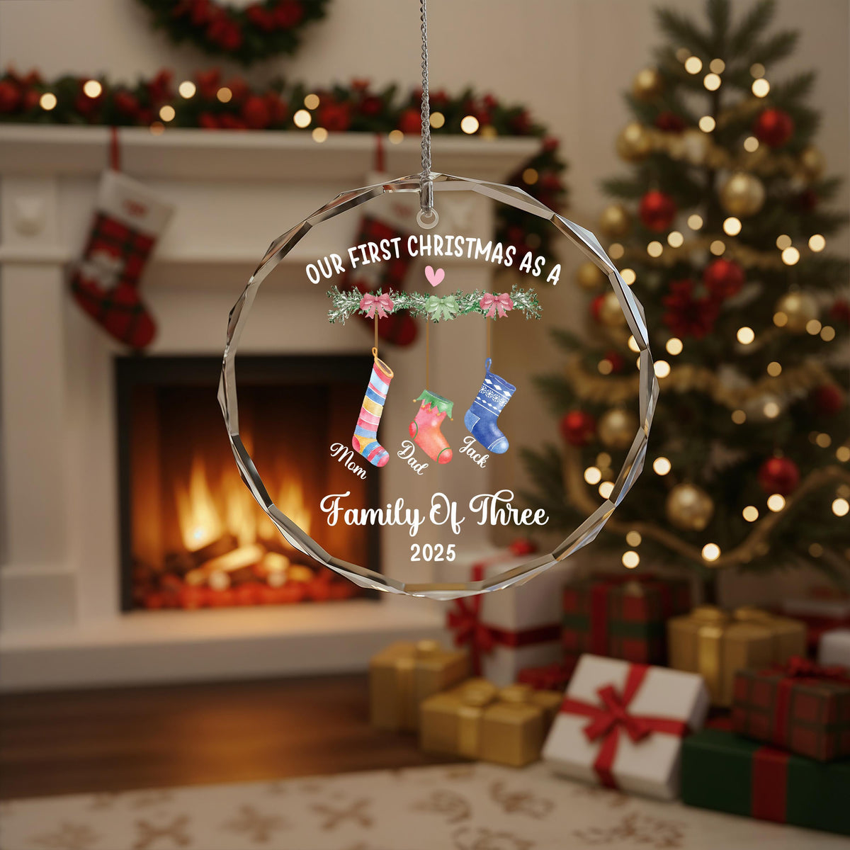 Custom Stocking Family Crystal Glass Ornament, First Christmas Keepsake
