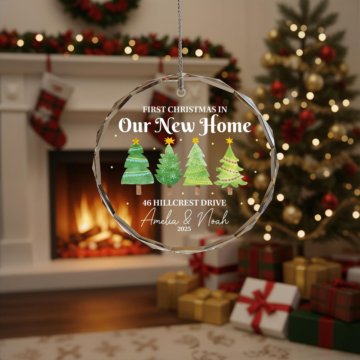 Custom Crystal Glass Christmas Ornament, First Home Keepsake