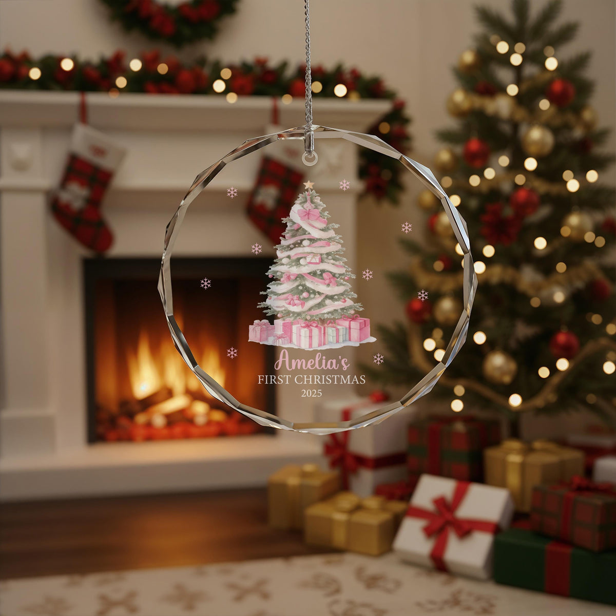 Personalized Crystal Glass Ornament, Pink Tree Baby's First Christmas Keepsake