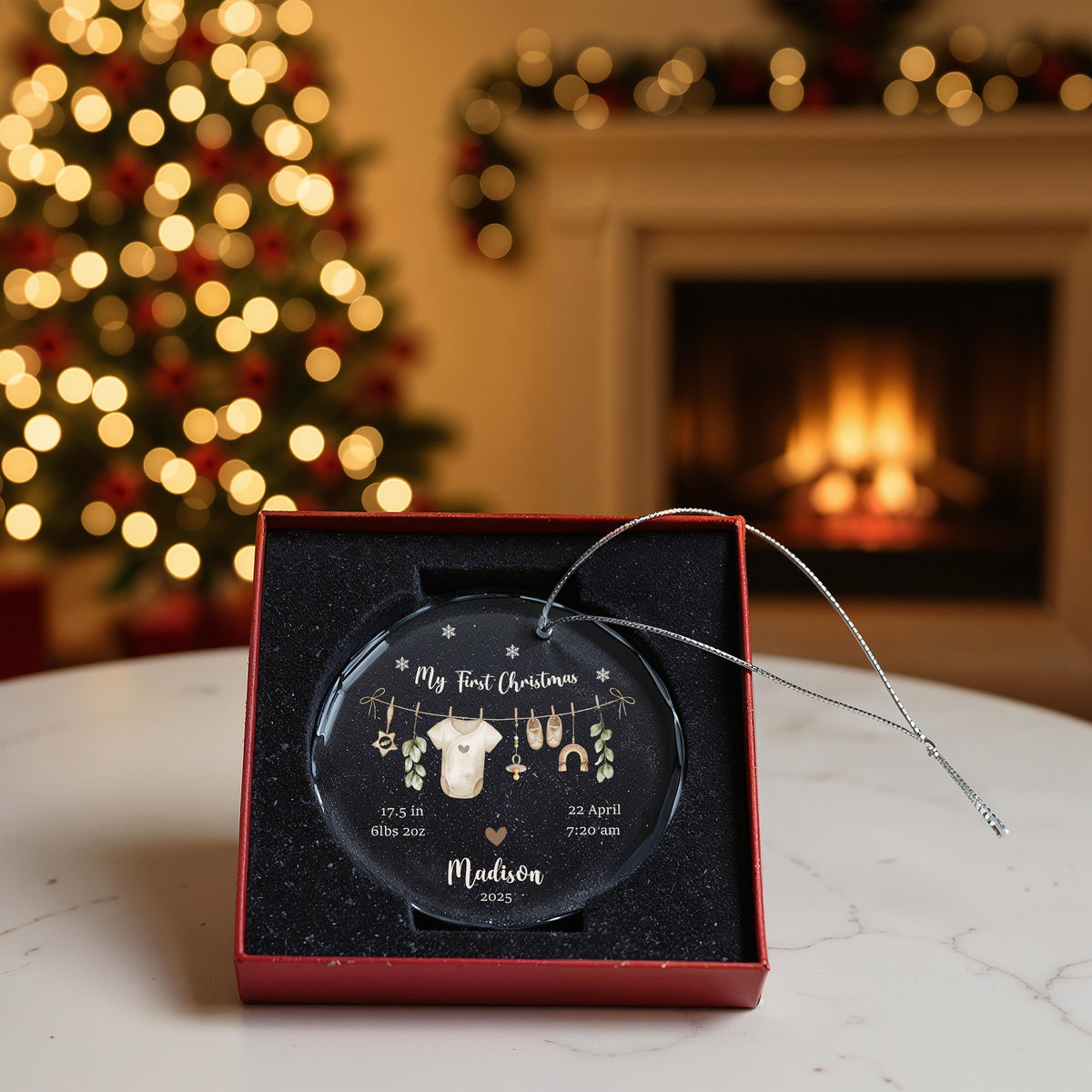 Baby's First Christmas Crystal Glass Ornament, Custom Birth Stats Keepsake