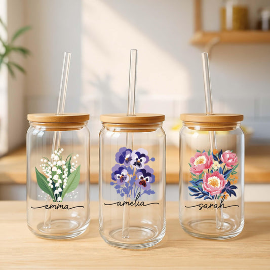 Custom Birth Floral Can Glass Tumbler, Cute Flower Birthday Present
