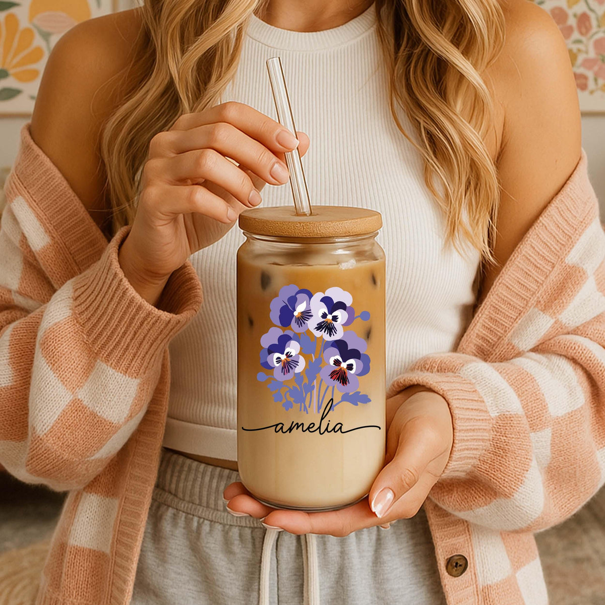 Custom Birth Floral Can Glass Tumbler, Cute Flower Birthday Present