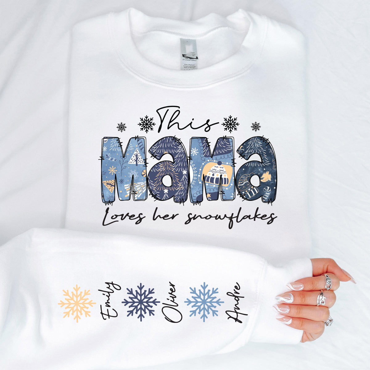 This Mama Loves Her Snowflakes Shirt, Custom Kids Name on Sleeve Sweatshirt, Mom Gift Tee