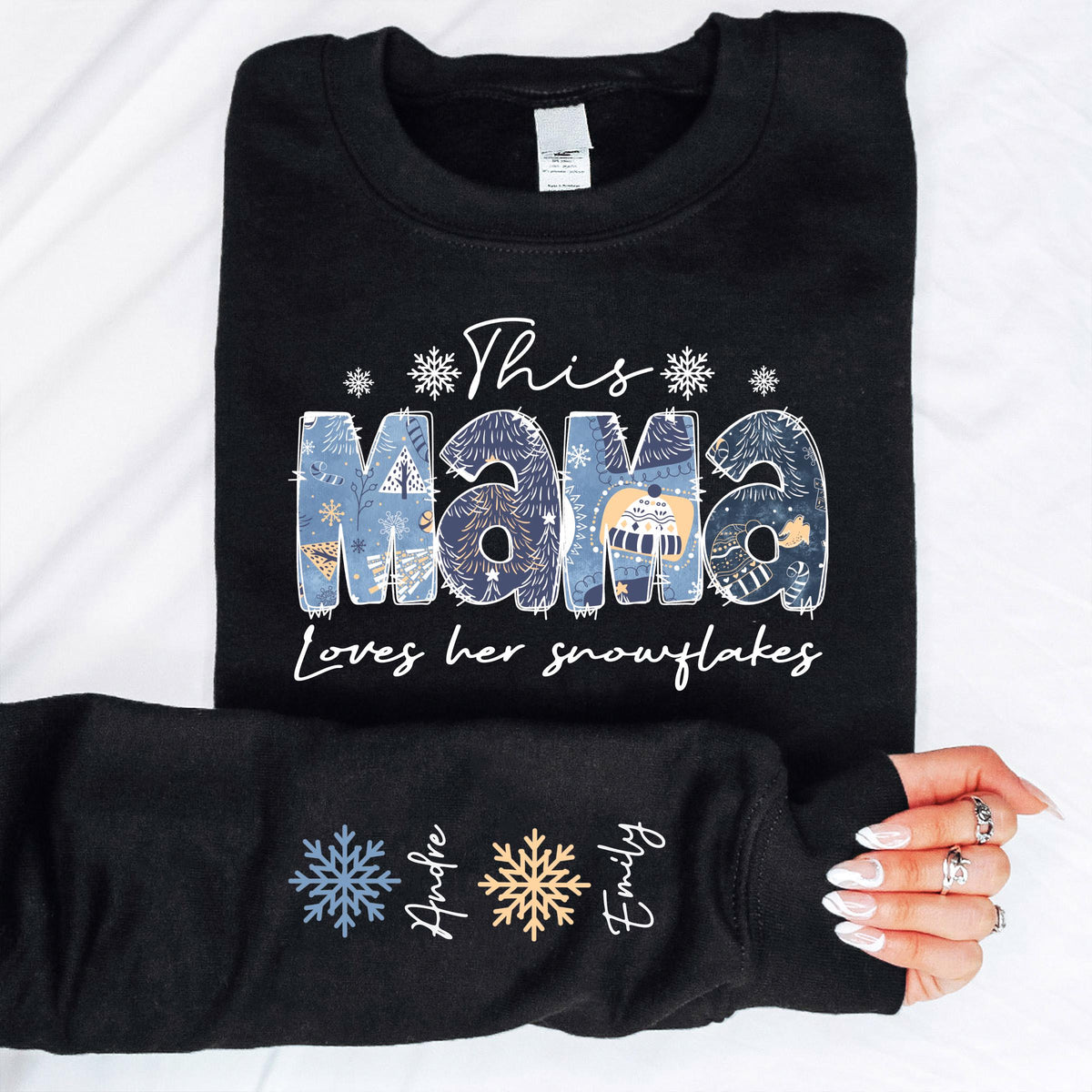 This Mama Loves Her Snowflakes Shirt, Custom Kids Name on Sleeve Sweatshirt, Mom Gift Tee