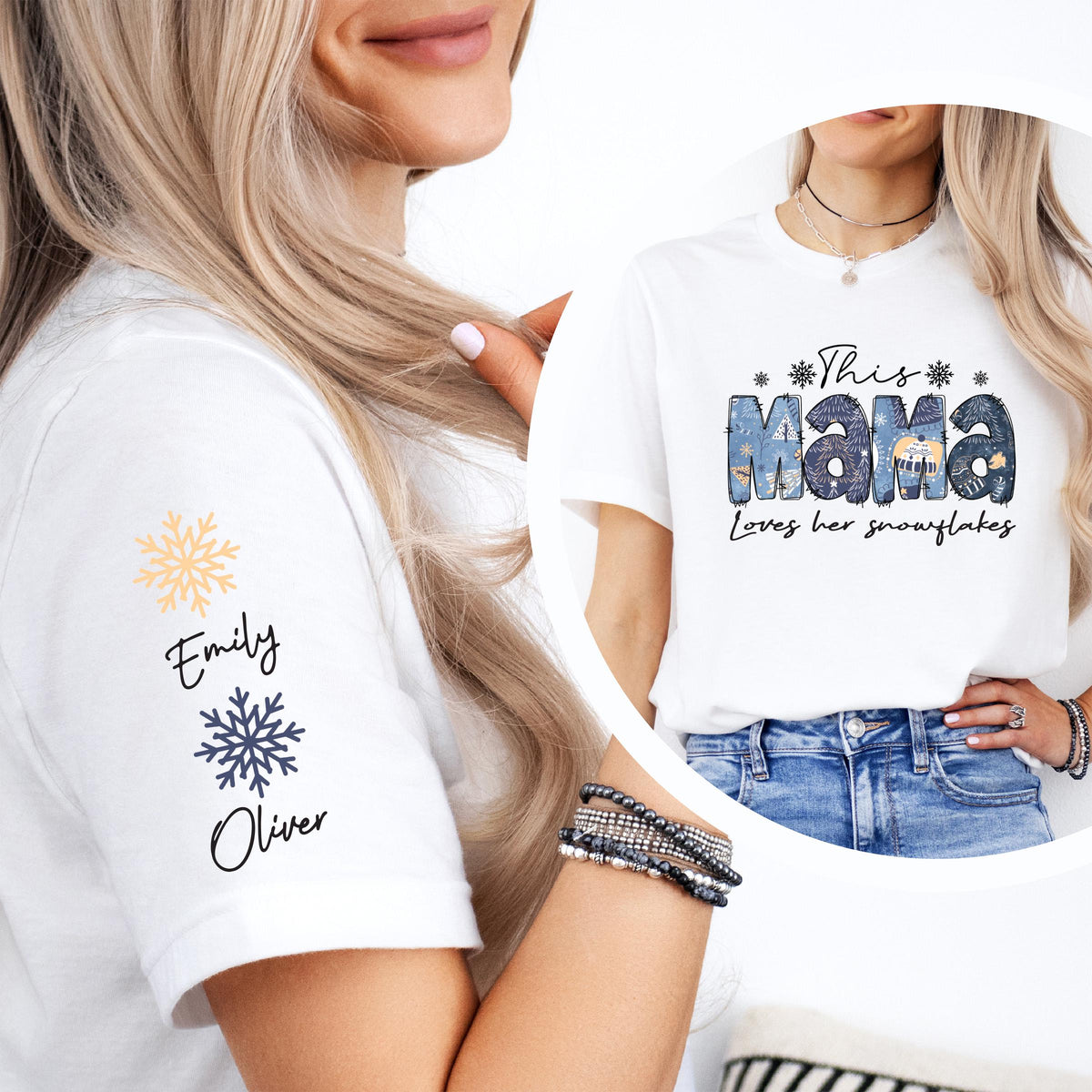 This Mama Loves Her Snowflakes Shirt, Custom Kids Name on Sleeve Sweatshirt, Mom Gift Tee