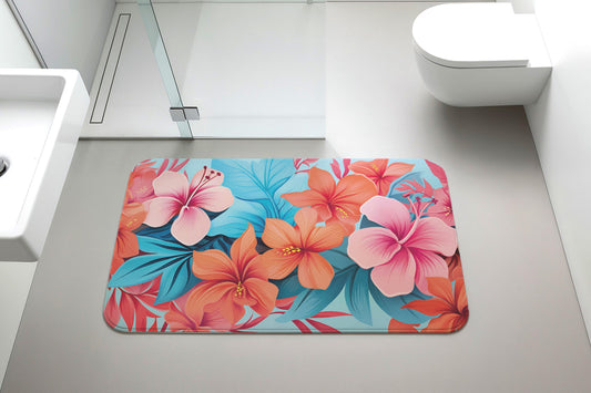 Hibiscus Flower Design Bath Mat, Floral Bathroom Rug, Summer Vibe Bathroom Decor